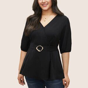 V Neck Metal Detail Wrap Blouse